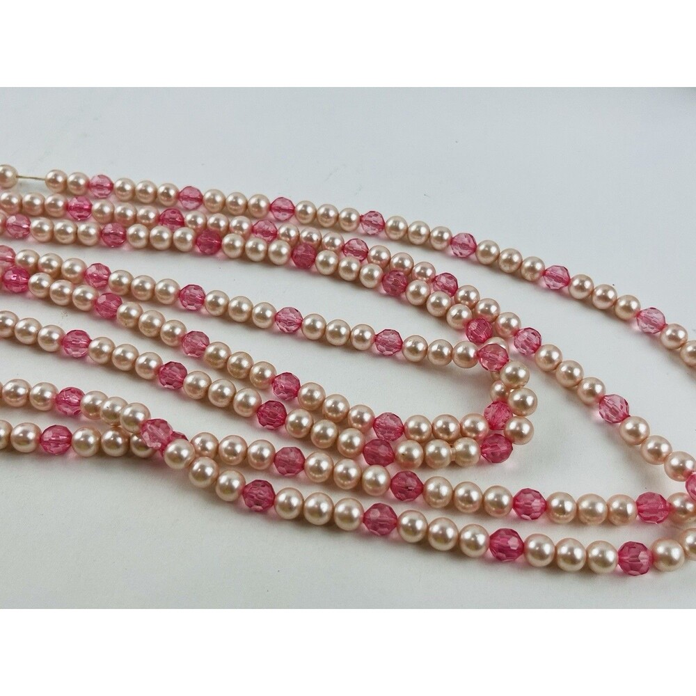 Vintage Japan Pink Faux Pearl Bead Necklace Mark Extra Long Flapper Opera Facete